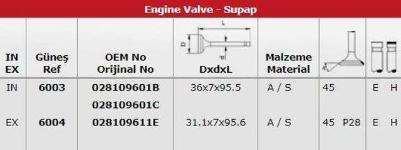 SUPAP TAKIMI IN-4/EX-4 VOLKSWAGEN DIESEL V - GUNES 6003-6004
